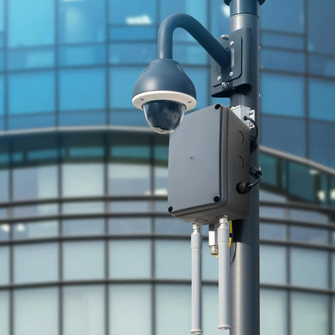Rugged Outdoor Electrical Box With Rock Solid IP66 Weather Sealing And Dang Tough Abs Plastic Junction Housing mounted on a pole.