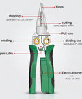 Heavy Duty 8 In 1 Wire Stripper And Voltage Tester With Beast Mode Crimping Pliers front view showcasing features and specifications.