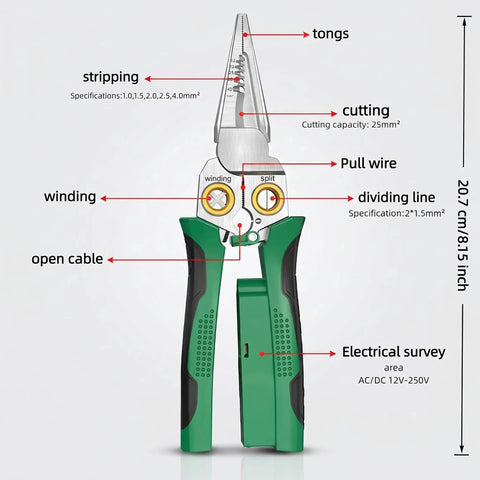 Heavy Duty 8 In 1 Wire Stripper And Voltage Tester With Beast Mode Crimping Pliers front view showcasing features and specifications.