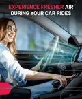 Woman enjoying fresh air in car using Activated Carbon Cabin Air Filter for Mitsubishi and Nissan, reducing odors and pollutants.