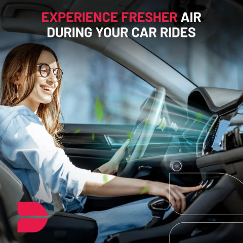 Woman enjoying fresh air in car using Activated Carbon Cabin Air Filter for Mitsubishi and Nissan, reducing odors and pollutants.