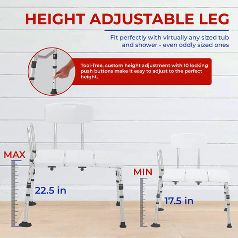 Height adjustable Beefy Heavy Duty Shower Bench With Back Support Adjustable Tub Transfer Seat Non Slip Bath Chair settings.
