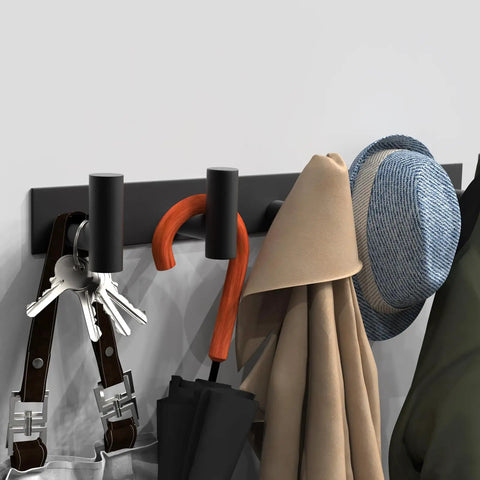 Black Wall Mount Coat Rack With 5 Hooks For Robes, Bags, Towels, Hats And Keys - Space Saving Wall Hanger with items hanging