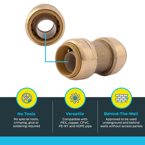 Three Quarter Inch Brass Push To Connect Coupling Kit Pack Of 10 For PEX Copper CPVC PERT HDPE Plumbing Fittings with detail view