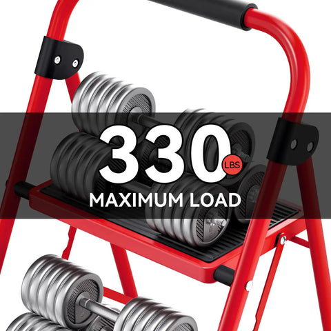 Two Step Folding Ladder With Wide Anti Slip Pedals And Handrails supporting 330 lbs, red design with weights, in home setting