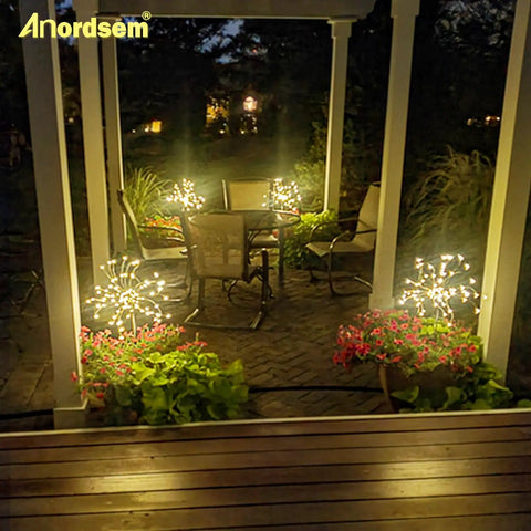 Solar Garden Lights Outdoor With Bendable Copper Wire And 120 LED Firework Beads, Warm White IP65 Waterproof illuminating patio area