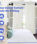 No Drill Curtain Rod For Windows 18 To 45 Inches Small Black Drapery Rod with Adhesive Brackets in a Bedroom Setting