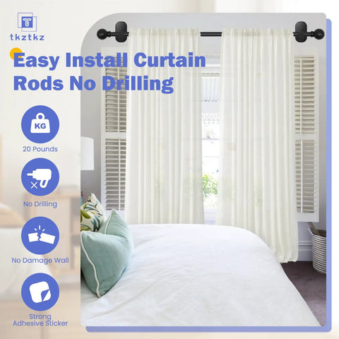 No Drill Curtain Rod For Windows 18 To 45 Inches Small Black Drapery Rod with Adhesive Brackets in a Bedroom Setting