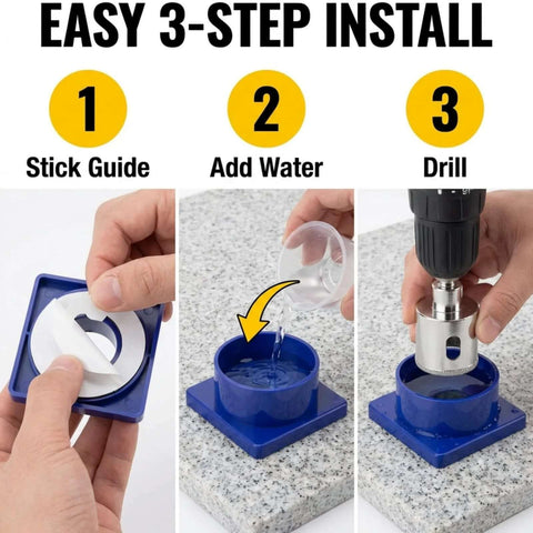 Drilax 1-3/8 in diamond hole saw kit with water delivery and guide on blue base for granite countertops