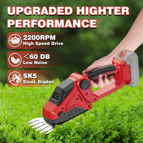 2-In-1 Cordless Hedge Trimmer And Grass Shears in hand trimming green bushes, showing red design and SK5 steel blades