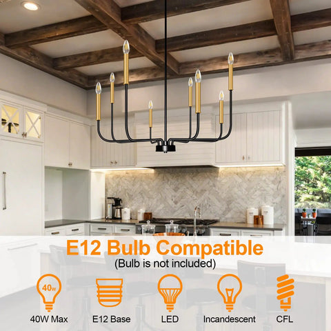 Black Matte Farmhouse 8 Light Chandelier With Gold Candle Accents Dope Modern Pendant Ceiling Light For Dining Room, Kitchen, Hallway, Living Room, Bedroom, Office, Bar, Foyer