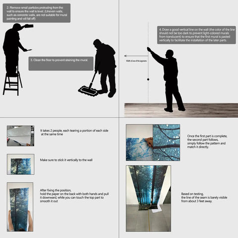 Installation process of Self Adhesive Canvas Wall Mural 58 By 80 Inches Five Panels 58 By 16 Each with rainforest design