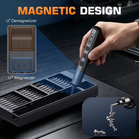 Handy Portable Electric Screwdriver Kit With 70 Precision Tools And Sixty Four S2 Magnetic Bits Five Adjustable Torque Levels for magnetic design with demagnetizer and magnetizer.