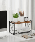 Totally Legit Countertop Shelf Organizer Rack, Rustic Brown Spice Holder, Kitchen Counter Pantry Display Stand, Versatile Bathroom Storage, Sweet Space Savers Clutter King For Tiny Homes on desk with books and plant.