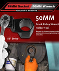 50mm crank pulley wrench holder tool with 19mm socket for Honda engines, shown in use holding damper bolt in automotive setting.