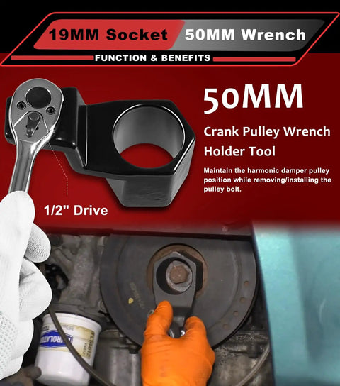 50mm crank pulley wrench holder tool with 19mm socket for Honda engines, shown in use holding damper bolt in automotive setting.