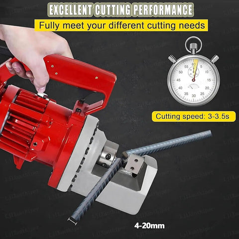 Portable Electric Hydraulic Rebar Cutter 1250w Cuts #3 To #6 4-20mm Steel Bar In Under 4 Seconds With Low Noise And No Sparks showing cutting performance.