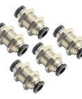 Six bulkhead union fittings, 6mm OD, metal bodies with black O-ring seals.
