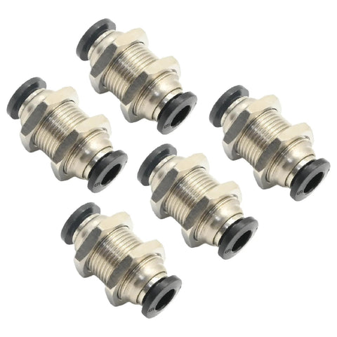 Six bulkhead union fittings, 6mm OD, metal bodies with black O-ring seals.