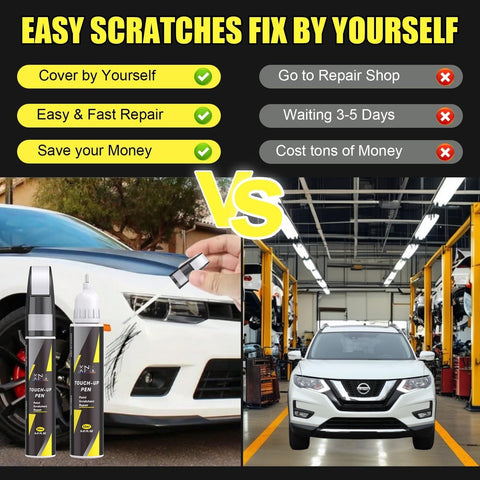 Comparison of Gun Metallic KAD Touch Up Paint Kit for Nissan with repair shop; shows pen, brush, and Nissan SUV.