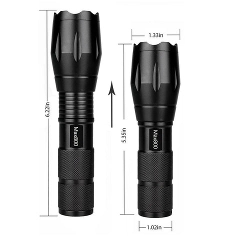 Two Pack LED Tactical Flashlights Water Resistant Military Grade 2000 Lumens with dimensions and adjustable zoom focus