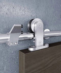 Side view of installed Six Foot Top Mount Stainless Steel Sliding Barn Door Hardware Track Kit For 30 To 36 Inch Wide Single Doors.