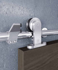 Close-up view of 6.6 Foot Top Mount Stainless Steel Sliding Barn Door Hardware Track Kit That Slides Like Butter For 36 To 40 Inch Wide Single Doors