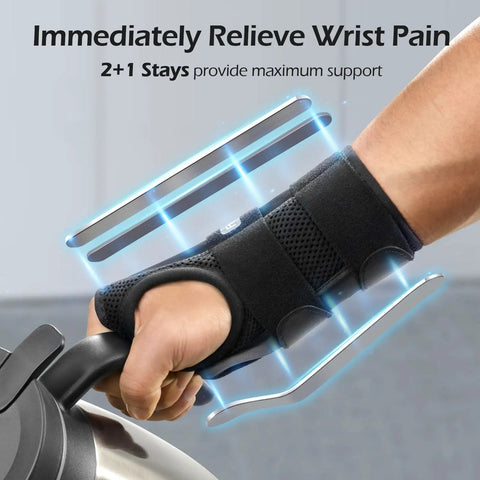 Wrist Brace for Carpal Tunnel Relief Night Support With Maximum Stabilization and Three Stays on hand holding kettle.