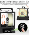 3D Printer Filament Dryer Box With Auto Rotation And Humidity Hold showing front and side views, fits 3kg spools, 360 degree heating