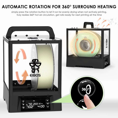 3D Printer Filament Dryer Box With Auto Rotation And Humidity Hold showing front and side views, fits 3kg spools, 360 degree heating