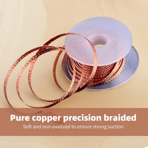 Roll of desoldering braid wire, 3.5mm wide, 59-inch copper solder braid for fast clean solder removal on electronics and PCBs.