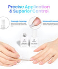 Gel Nail Prep Set With Base Coat And No Wipe Top Coat In Glossy Or Matte Finish Includes Nail Dehydrator And Primer 5 Pcs Of 10ml Each Acid Free And Hema Free Bonding Kit For Durable Chip Resistant Nails. Image shows a woman applying nail primer with visible nail dehydrator.