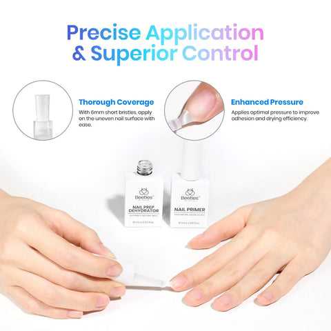 Gel Nail Prep Set With Base Coat And No Wipe Top Coat In Glossy Or Matte Finish Includes Nail Dehydrator And Primer 5 Pcs Of 10ml Each Acid Free And Hema Free Bonding Kit For Durable Chip Resistant Nails. Image shows a woman applying nail primer with visible nail dehydrator.