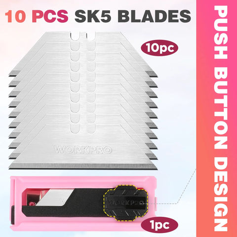 WorkPRO pink folding utility knife with quick-change blade; includes 10 extra blades.