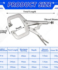 Product size chart and image of Four Piece Locking C Clamp Set With Fixed And Swivel Pads, showcasing clamp dimensions and specifications.