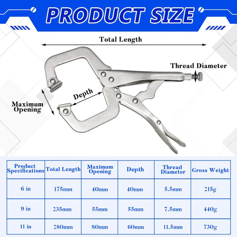 Product size chart and image of Four Piece Locking C Clamp Set With Fixed And Swivel Pads, showcasing clamp dimensions and specifications.