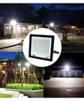 JUDYSSY High Brightness Led Floodlight 220 150W IP66 Waterproof Flood Light illuminating various outdoor areas at night.