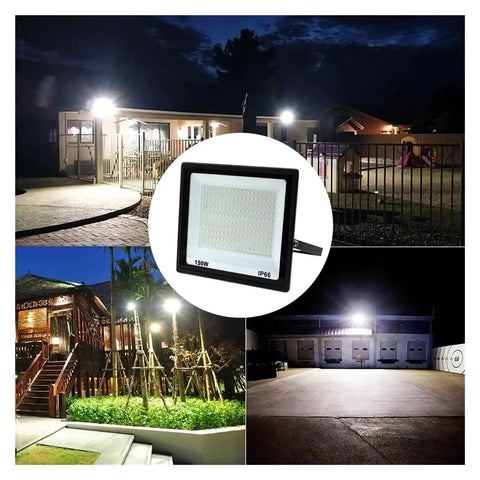 JUDYSSY High Brightness Led Floodlight 220 150W IP66 Waterproof Flood Light illuminating various outdoor areas at night.
