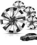 Ride Ready 4 Piece Wheel Covers For Tesla Model Y Juniper 19 Inch Killer Spiral Aero Hubcaps in sleek black and silver finish.