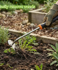 Easy Weed Remover Tool With 13.3 Inch Long Handle Heavy Duty Weeder For Veggie Gardens And Backyards Portable Rubber Handled Weed Puller For Uprooting Tough Weeds Farm Grade Garden Tool Built To Save Your Back, in gloved hand uprooting weeds