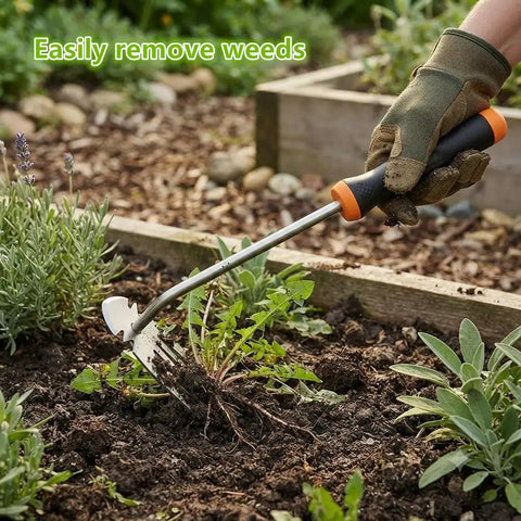 Easy Weed Remover Tool With 13.3 Inch Long Handle Heavy Duty Weeder For Veggie Gardens And Backyards Portable Rubber Handled Weed Puller For Uprooting Tough Weeds Farm Grade Garden Tool Built To Save Your Back, in gloved hand uprooting weeds