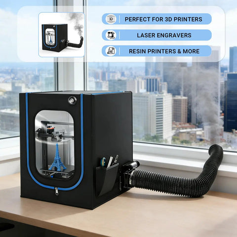 High Efficiency 4000 RPM Fume Extraction Kit for 3D printer enclosures with exhaust pipe attached to desktop printer