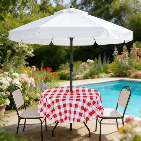 Round 60 Inch Outdoor Tablecloth With Umbrella Hole And Zipper, red and white gingham, spill proof, on patio table by pool