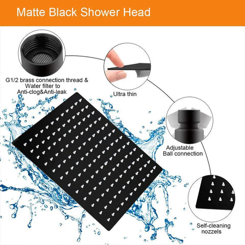 12 Inch Rain Shower Head With 15 Inch Extension Arm Matte Black Stainless Steel Large Square Rainfall visual features