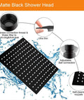Diagram featuring high pressure square shower head with 16 inch arm matte black stainless steel rainfall waterfall for full body coverage 12 inch head easy 10 minute install includes teflon tape and solid metal arm, showing features like self-cleaning nozzles and ultra-thin design.