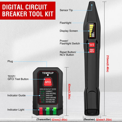 Digital Circuit Breaker Tool Kit showing LCD screen, sensor tip, and GFCI outlet tester for home and job site use.