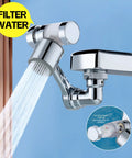 1080 Degree Rotating Faucet Extender With Copper Body And Four Layer Filter attached to chrome faucet, showing water flow and filter element