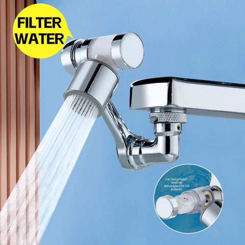 1080 Degree Rotating Faucet Extender With Copper Body And Four Layer Filter attached to chrome faucet, showing water flow and filter element