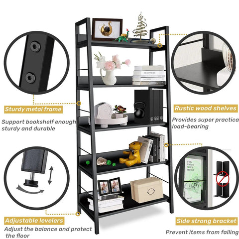Solid Five Tier Industrial Ladder Bookshelf In Rustic Brown, Steel Frame Leaning Rack For Plants And Daily Gear, Hella Sturdy Freestanding Floor Bookcase For Chill Living Rooms Or Crisp Home Studios
