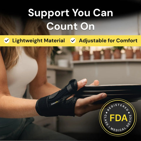 Person using Thumb Spica Splint Brace for Right or Left Hand with CMC Thumb Support for arthritis in home setting